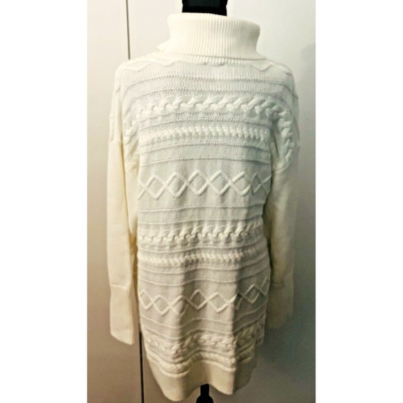 Chico's Ecru Cable Knit Fringe Turtleneck Tunic Sweater | Cozy Luxe Winter Layer - Picture 6 of 10